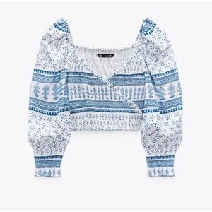 Zara White and Blue Printed Smocked Crop Top